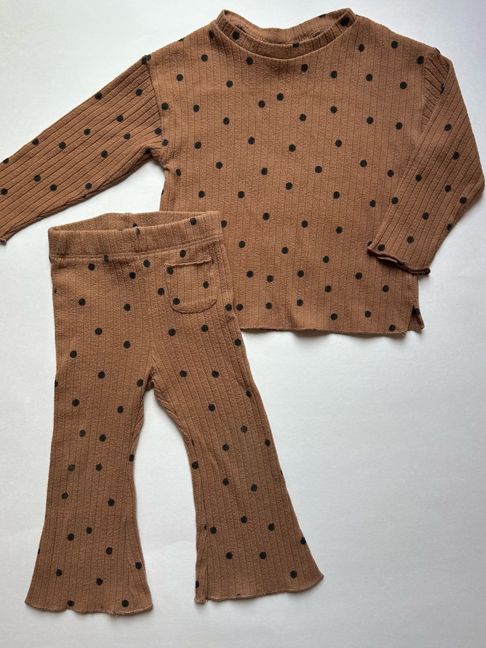 Zara Kids Ribbed Polka Dot Soft Knit Set - Brown
